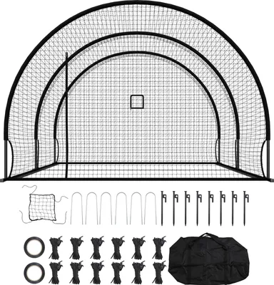 Zdjęcie produktu dla SucceBuy Klatka do baseballu (półokrągła) Siatka 606 x 366 x 250 cm, siatka treningowa wykonana z wytrzymałej 30-warstwowej tkaniny HDPE o strukturze węzłowej, z otworem na maszynę do rzucania piłek, w zestawie siatka treningowa do softballu.