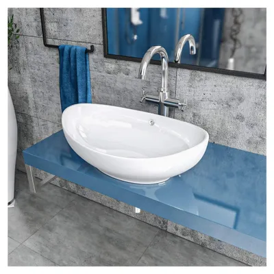 Produktbild von Keramik Aufsatzwaschbecken Waschschale Waschtisch mit Überlauf Oval Weiß
