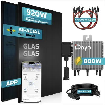 Produktbild von SUNNIVA® 920W Balkonkraftwerk BIFAZIAL FULLBLACK komplett Steckdose DEYE800W Wechselrichter, PV Solaranlage, 5m Kabel, Bluetooth WIFI