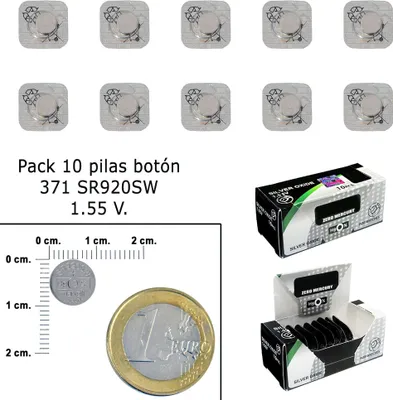 A collage of product images showing button batteries in blister packs, a scale with a coin for size comparison, and a display box of batteries.