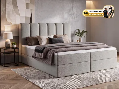 Produktbild von Boxspringbett NOLARO 180x200 cm Komplett-Set mit Bettkasten, Bonell-Matratze und Topper, Bouclé Hellgrau