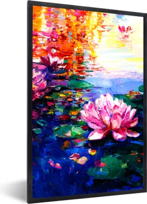Produktbild von MuchoWow® Gerahmtes Poster Gemälde - Öl - Seerose - Wasser 20x30 cm - Poster mit Schwarzem Bilderrahmen Wandposter Rahmen Foto Bilder - Drucken - Bilder Poster im Rahmen