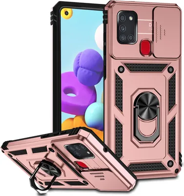 Produktbild von Galaxy A21S Hülle mit Schiebe Kamera Schutz und Ringhalter Ständer Robust Rüstung Schutzhülle für Samsung Galaxy A21S Pink