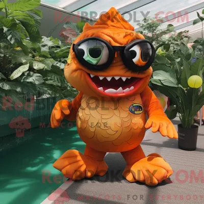 Produktbild von Orange REDBROKOLY Piranha Maskottchen Kostüm Charakter gekleidet mit einem Badeanzug und Sonnenbrille