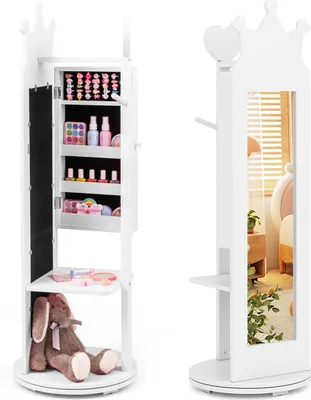 A white jewelry cabinet with a mirror, designed for children, is shown in two views. The left view shows the cabinet open, revealing shelves filled with toy makeup and accessories, and a plush bunny at the bottom. The right view shows the cabinet closed, w