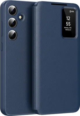 A blue flip case for a Samsung Galaxy S24 phone, shown from the back with the cover partially open.
