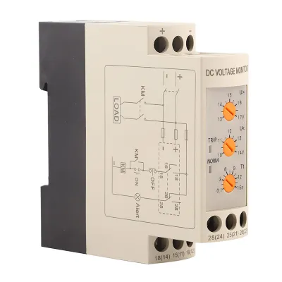 A close-up, angled view of a DC voltage monitor relay.
