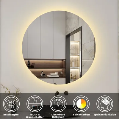 Produktbild von Rund Badspiegel 50cm drei Lichtfarbe dimmbar Memory Touch/Wandschalter Beschlagfrei Runder Spiegel automatische Abschaltung