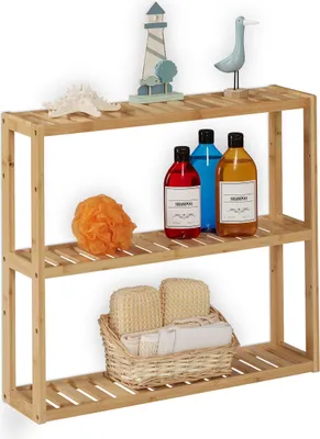 Produktbild von Relaxdays Badregal, Bambus, 3 Ablagen, höhenverstellbar, HBT: 54 x 60 x 15 cm, Bad & Küche, schmales Hängeregal, natur