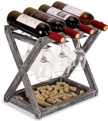 Produktbild von Unyqoos® Rustikales Weinregal aus Paulownia-Holz, vertikal für 4 Flaschen & 6 Gläser, platzsparendes Regal mit Glashalter