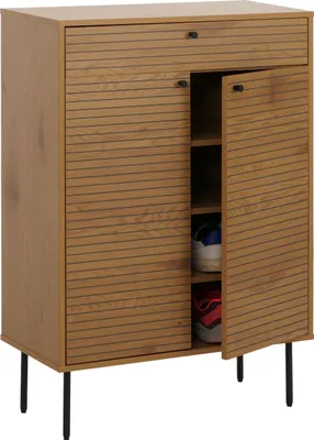 Image de Armoire à chaussures HWC-N78, étagère à chaussures armoire, style scandinave métal bois mélamine MVG 115x80x35cm ~ naturel