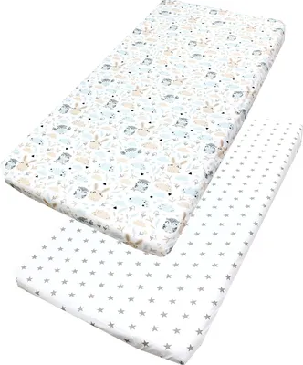 Produktbild von TupTam Baby Spannbettlaken Kinder Spannbetttuch für Babybett Kinderbett 2er Pack, Farbe: Eule Hase Beige / Graue Sterne Weiß, Größe: 90 x 200 cm
