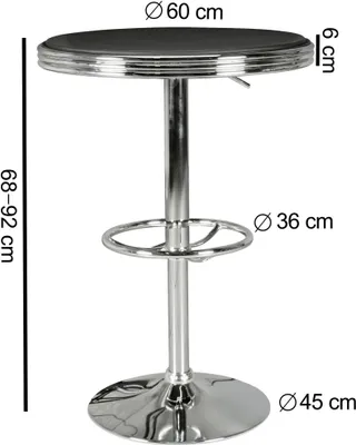 A chrome and black bar table with dimensions indicated.