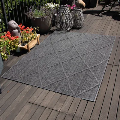 Produktbild von In & Outdoor Teppich Wetterfest Rauten Design für Küchen Balkon Terrasse Garten oder Wohnzimmer Teppich, Größe: 140 x 200 cm, Farbe: Grau-2