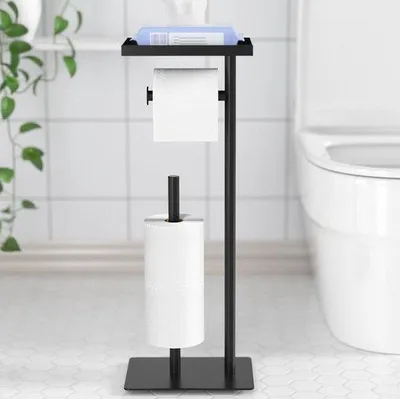 Productafbeelding van Toiletrolhouder met opbergruimte voor 4 rollen - Ladekast met plank voor 4 toiletartikelen, in zwart.