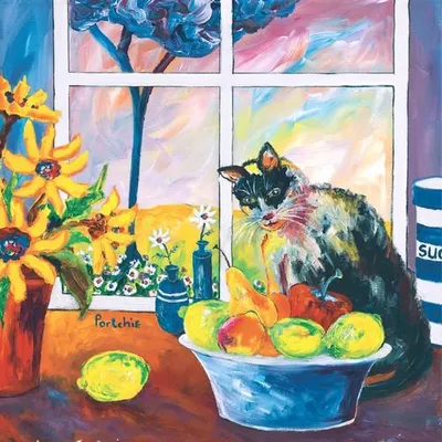 Produktbild von 20 Servietten Portchie Art The Cat in the kitchen - Katze an Obstschale 33x33cm