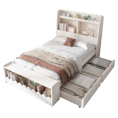 Produktbild von Jugendbett mit Aufbewahrung, Lattenrost und Kopfteil, 90x200 cm, Schubladen, Holzbett, Einzelbett, Kiefer
