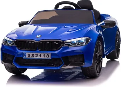 A blue electric toy car, a BMW M5 replica, is shown from the front.