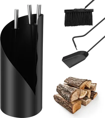 Produktbild von Jopassy Kaminbesteck Set 4-teiliges Kaminzubehör – Modern Design, beschichtet, Hochwertige Kamingarnitur aus 4 Teilen: Besen, Schaufel, Schürhaken, Ständer Stahl Edelstahlgriffe , Schwarz