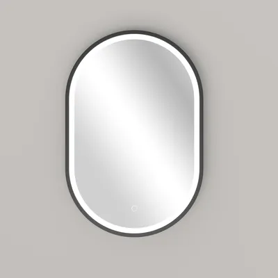 A product image of an oval LED mirror with a black frame, mounted on a light gray wall.