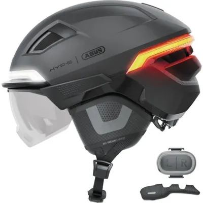 Produktbild von ABUS Fahrradhelm HYP-E B.LACE - mit Front-, Rück- und Blinklicht sowie kabellos zu aktivierendem Bremslicht - mit Visier und Ohrenschützern - für Fahrrad, E-Bike und S-Pedelec - Grau, Größe L (57-61 cm)