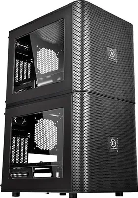 A black computer case with two stacked modules, each featuring a transparent side panel.