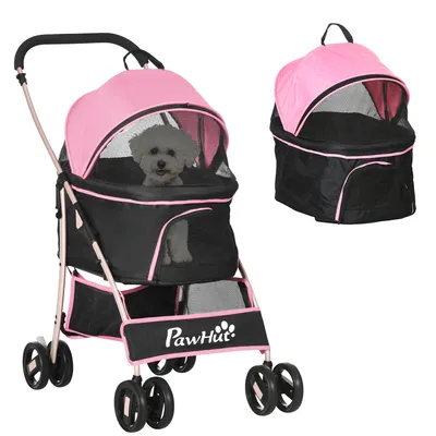 Produktbild von PawHut faltbarer Hunde-Kinderwagen, 3-in-1-Haustier-Kinderwagen, kleiner Hundewagen mit abnehmbarem Wagen, Aufbewahrungskorb, Sicherheitsgurten und Kissen, Rosa