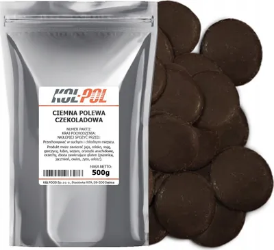 Zdjęcie produktu dla POLEWA CZEKOLADOWA CIEMNA 500g Do rozpuszczania Krążki do deserów Kol-Pol