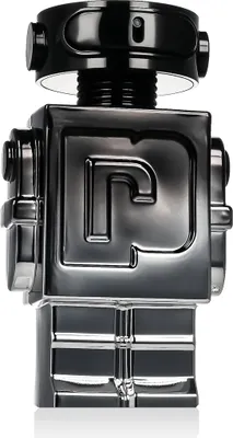 A black and silver robot-shaped perfume bottle is shown against a white background.