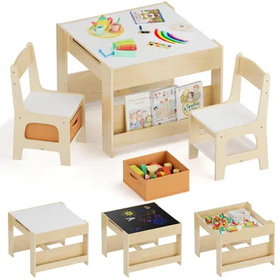 Productafbeelding van Clevich kindermeubels van hout met opbergruimte, kindertafel met 2 stoelen, van hout