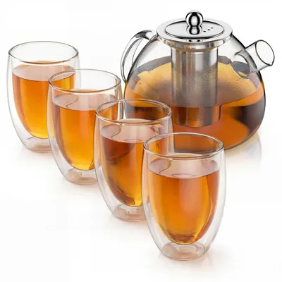 Produktbild von Arendo Teekanne Glas 1,5 l, Edelstahlsieb und 4 Thermogläsern 450 ml, doppelwandige Gläser ohne Henkel, aus Borosilikatglas, Glaskanne, 6 Teile, transparent-silber