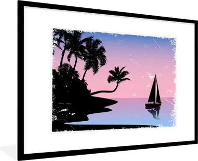 Produktbild von MuchoWow® MuchoWow® Gerahmtes Poster Boot - Palme - Himmel - Zeichnung 90x60 cm - Poster mit zchwarzem Bilderrahmen - Wanddekoration - Fotos