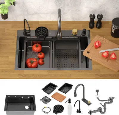 A kitchen sink with tomatoes being washed, a cutting board with strawberries, and various sink accessories laid out below.
