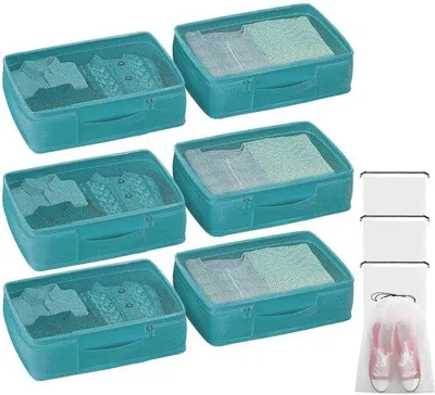 Produktbild von Unyqoos® 10‑teiliges Kleiderschrank-Organizer-Set für Schubladen & Reise – 6 faltbare Organizer 15 L (40×30×12,5 cm) + 4 Kordelbeutel (40×30 cm), Netzfenster, Griffe, Reißverschluss