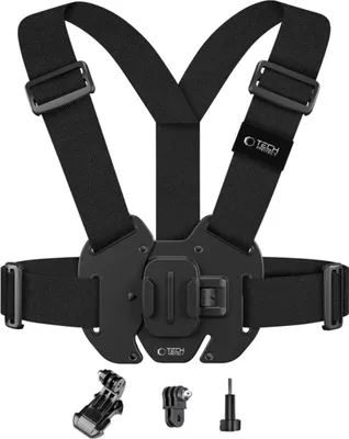 A black chest mount harness for action cameras.