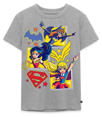 Produktbild von Spreadshirt Super Hero Girls Batgirl Wonder Woman Supergirl Kacheln Kinder Premium T-Shirt, 134/140 (8 Jahre), Grau meliert