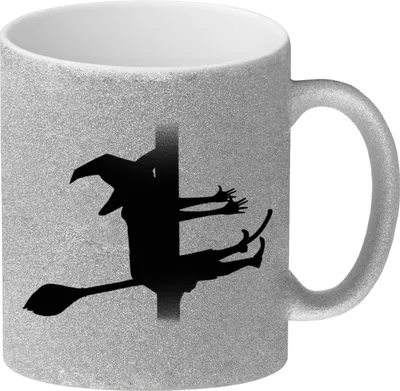 Produktbild von Glitzer-Kaffeebecher mit Hexenmotiv und lustigem Spruch - Don't drink and fly -