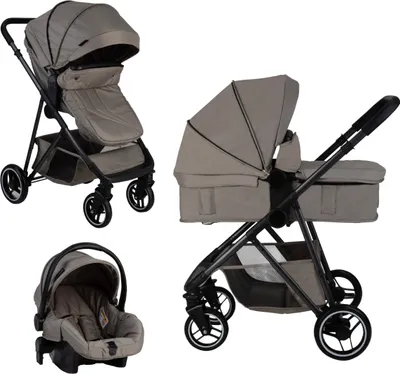 A collage of three images showing a stroller system with different attachments.