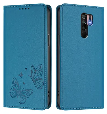 Produktbild von Lederhülle für Xiaomi Redmi 9, Schmetterling Prägung Leder Brieftasche Schutzhülle mit Ständer Blau