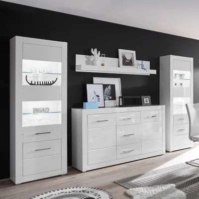 Produktbild von Weiß glänzende 4-tlg. Wohnwand-Kombi BALVE-61 mit Vitrinen inkl. LED BxHxT: 324x198x42cm