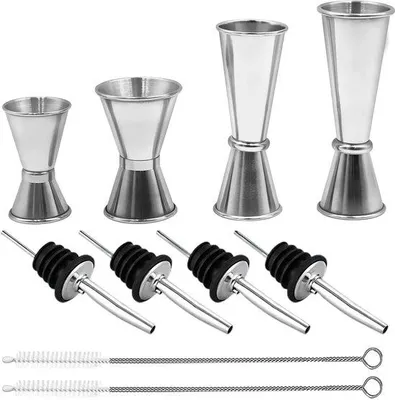 Productafbeelding van Unyqoos® Cocktailmaatbekerset van roestvrij staal, geschikt voor contact met voedsel – dubbelzijdige maatbeker van 15–60 ml, 4 schenktuiten en reinigingsborstels voor bar en thuisgebruik