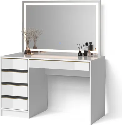 A white vanity table with a large LED mirror and gold accents, set against a white background.