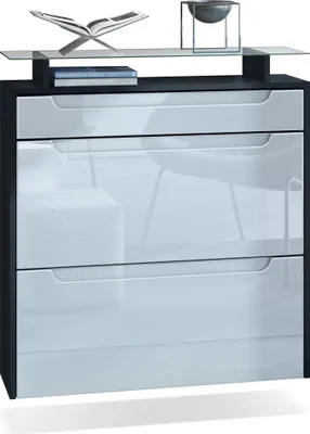 Produktbild von Vladon Schuhschrank Annie, Schuhkipper für 16 Paar Schuhe mit 2 Klappen, 1 Schublade und Glasablage, Schwarz matt/Weiß Hochglanz, Griffmulden in Weiß Hochglanz (89 x 95,5 x 23 cm)