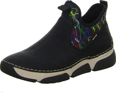 A single black boot with a colorful balloon pattern on the side, shown against a white background.