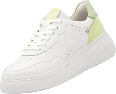 A single white and light green sneaker is shown against a white background.