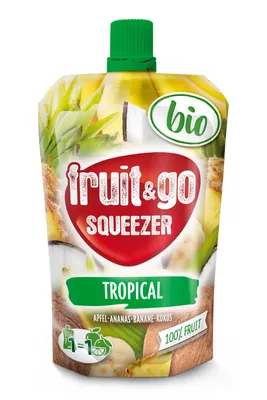 Produktbild von fruit&go SQUEEZER MODERN Fruchtpüree, Mischkarton 18x100g, 3 Sorten, 6xApfel/ Banane/ Kokos, 6xApfel/Mango/Erdbeere, 6xApfel/Banane/Berries