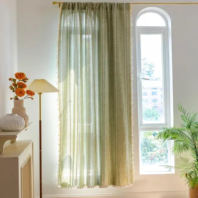 Produktbild von Boho-Vorhang für Schlafzimmer, Wohnzimmer und Kinderzimmer, halbverdunkelnd, im französischen Landhausstil, Vintage, aus Leinen, Shabby Chic, mit Quasten