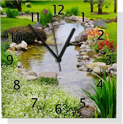 Produktbild von Wallario Design Wanduhr Blumen am Teich aus Aluverbund, Größe 30 x 30 cm