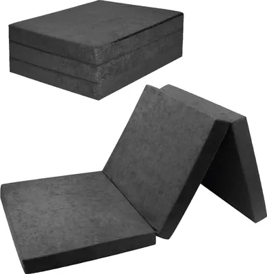 A folded and unfolded gray mattress on a white background.