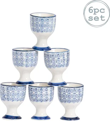 Produktbild von Nicola Spring 6 Stück Hand Printed Eierbecher Set - Japanische Art Porzellan Frühstück hart weich gekochte Eier Halter - Navy